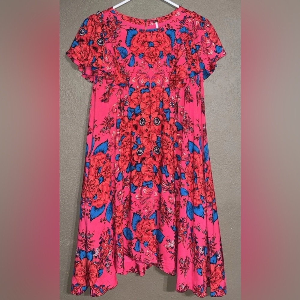 FREE PEOPLE Yara Red Pink Floral Ruffle Short Sleeve Dress Women’s XS